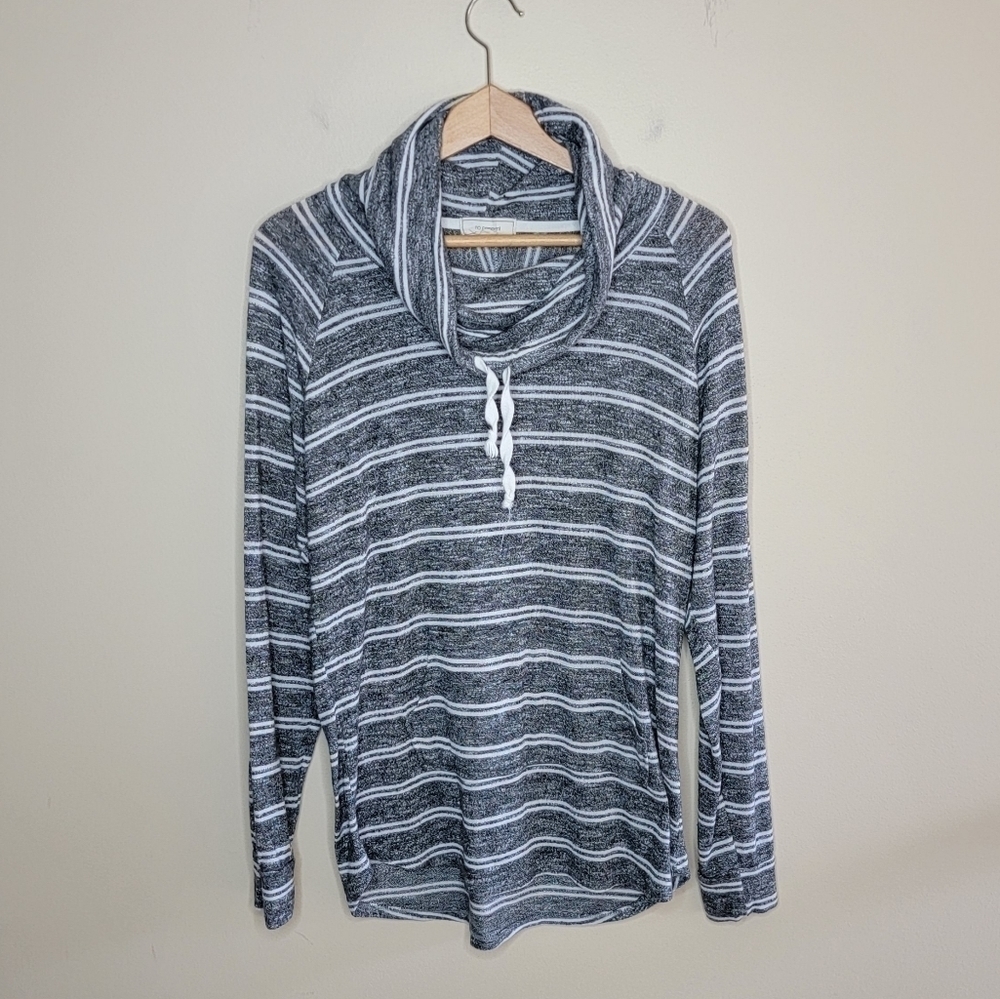 No Comment | Gray White Striped Drawstring Cowl Neck Sweater